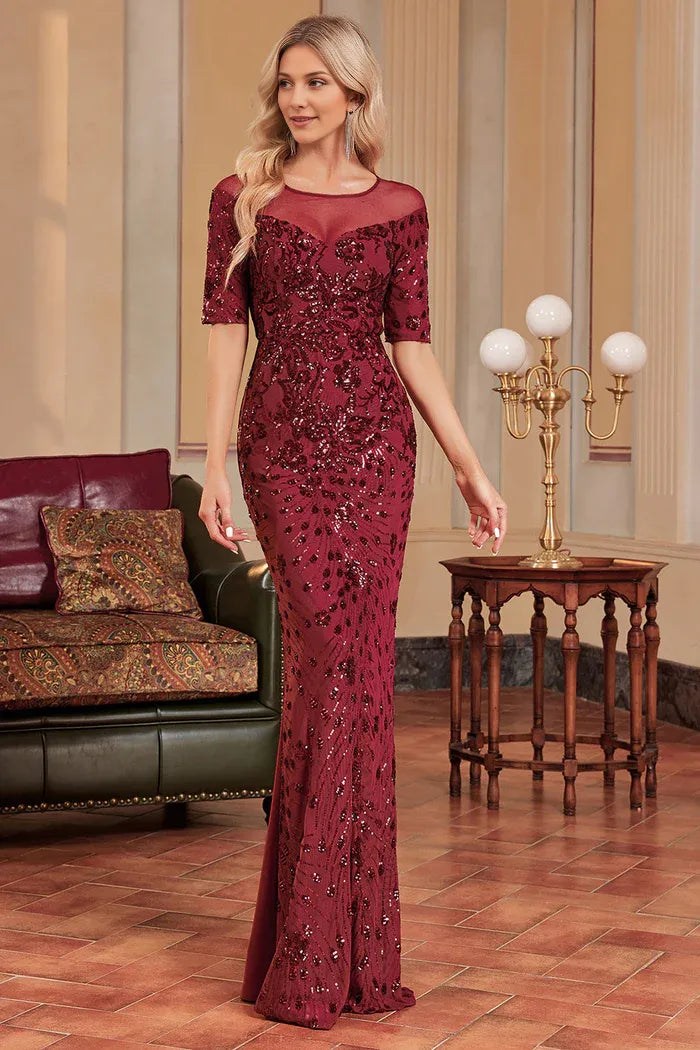 Weitese Dress Burgundy Mermaid Round Neck Short Sleeves Party Dress Maxi Dress With Sequins Prom Dress